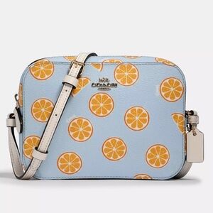 🍊NWT COACH Oranges Print Mini Camera Bag Leather Crossbody Light Blue